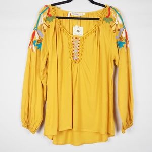 Boutique Long Sleeve Top Boho Embroidered Yellow L